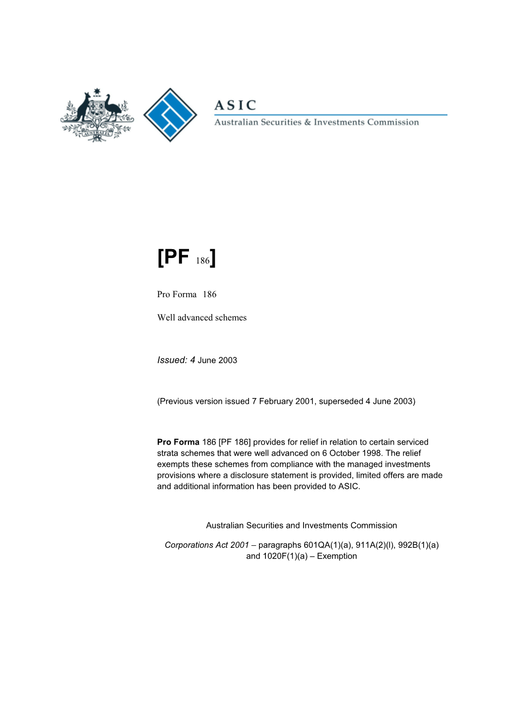 Pro Forma PF 186 Well Advanced Schemes