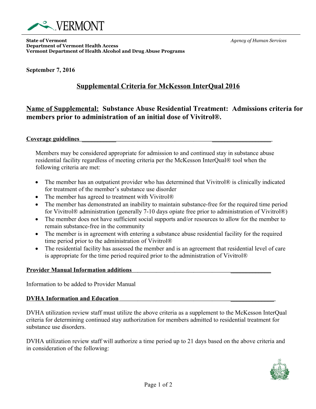 Supplemental Criteria for Mckesson Interqual 2016