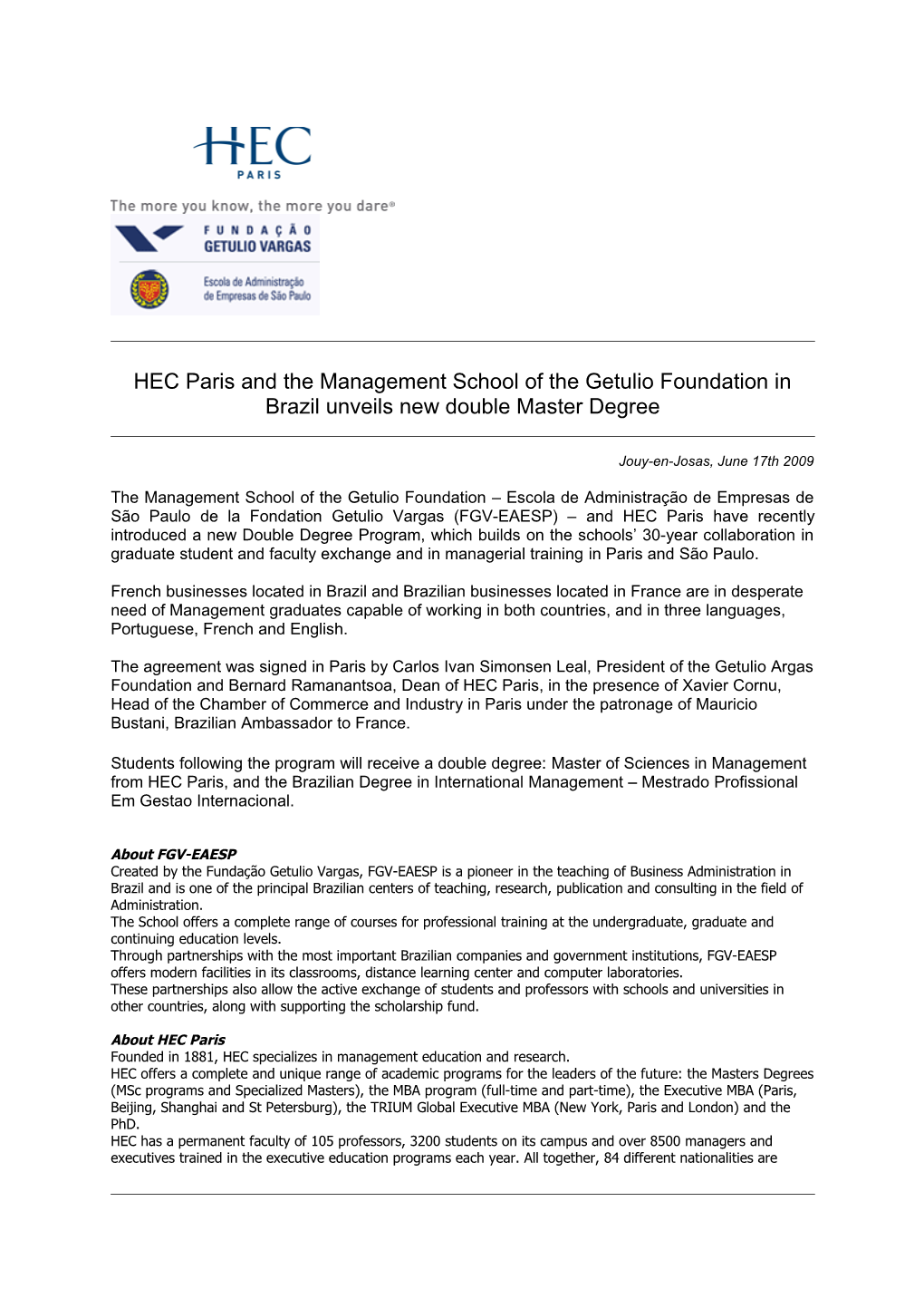 HEC Paris and the Management School of the Getulio Foundation in Brazil Unveils New Double
