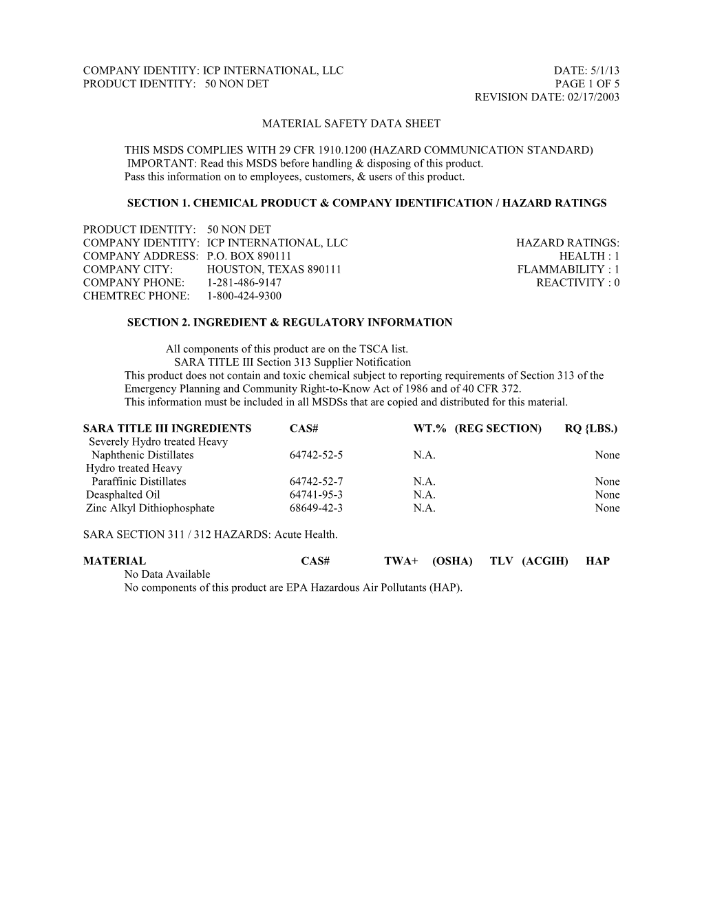 Company Identity: Icp International, Llcdate: 5/1/13