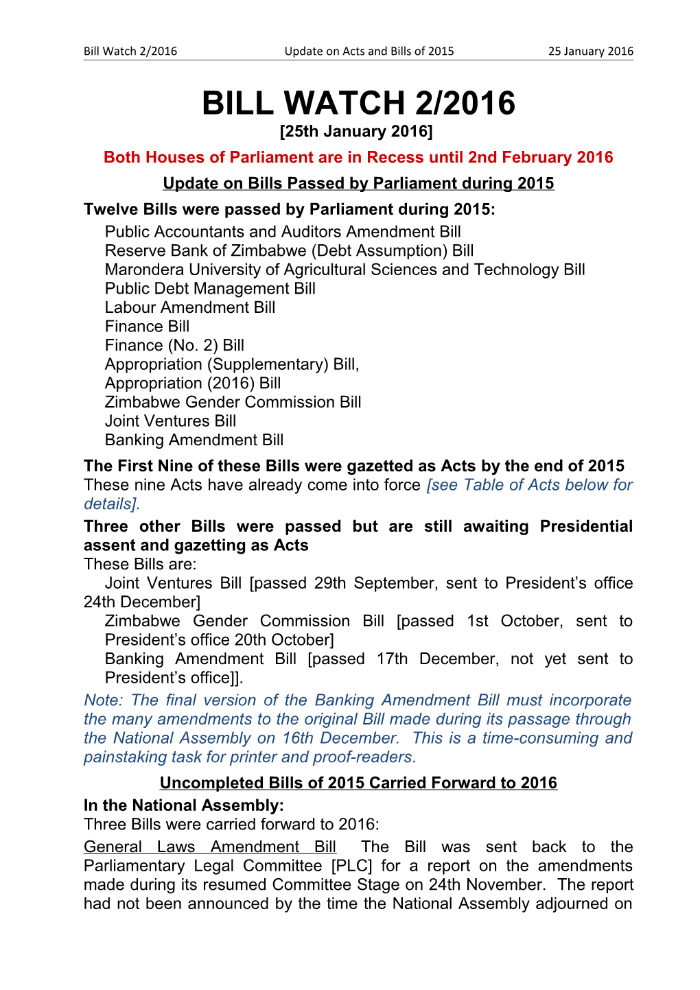 Update on Bills Passed by Parliament During 2015