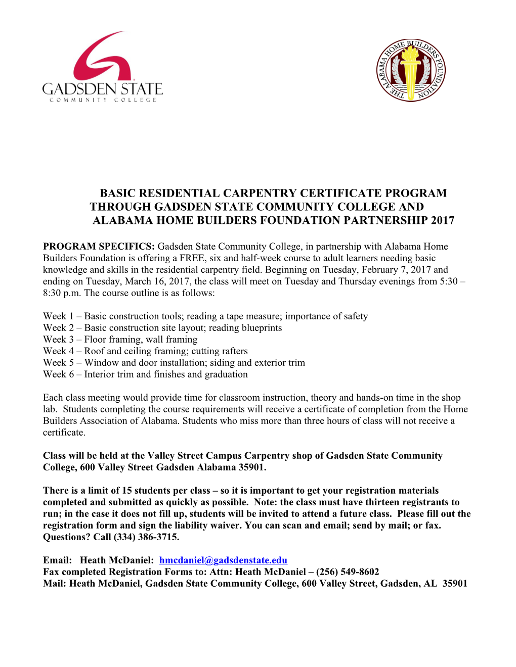 Basic Residential Carpentry Certificate Program Through Gadsden State Community College And