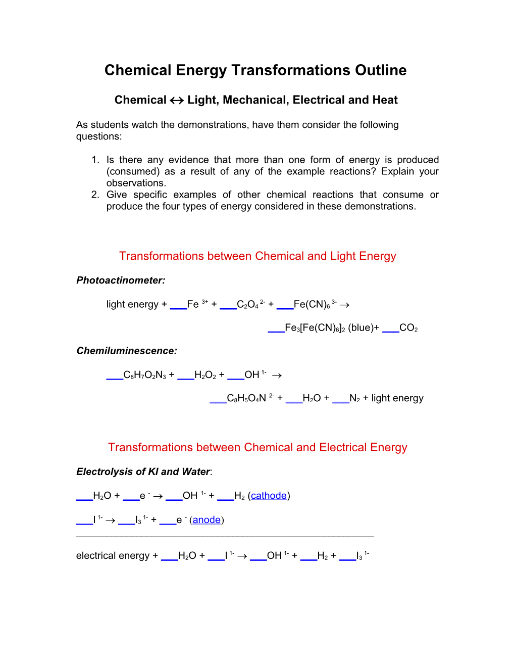 Chemical Energy Transformations Outline