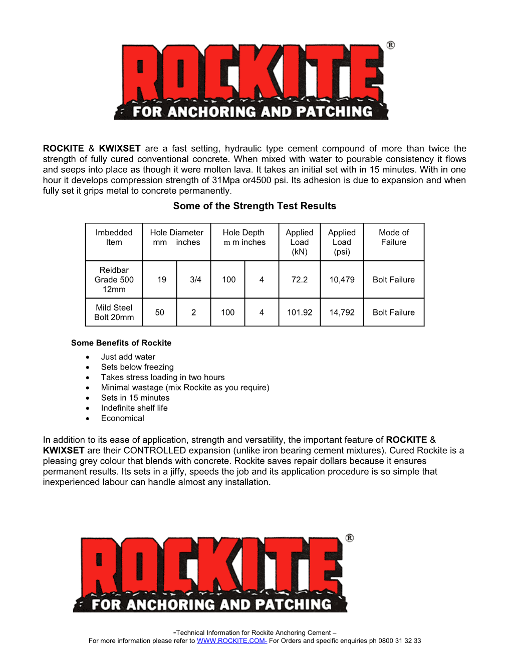 Technical Information for Rockite Anchoring Cement