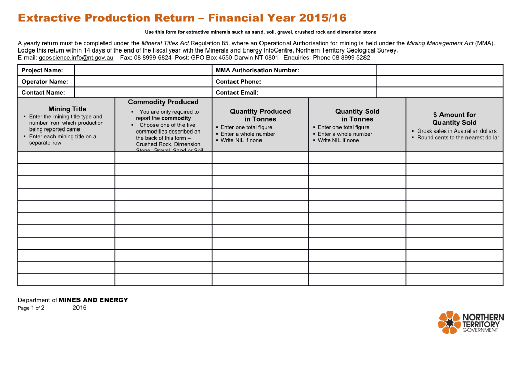 Extractive Production Return Financial Year 2015/16