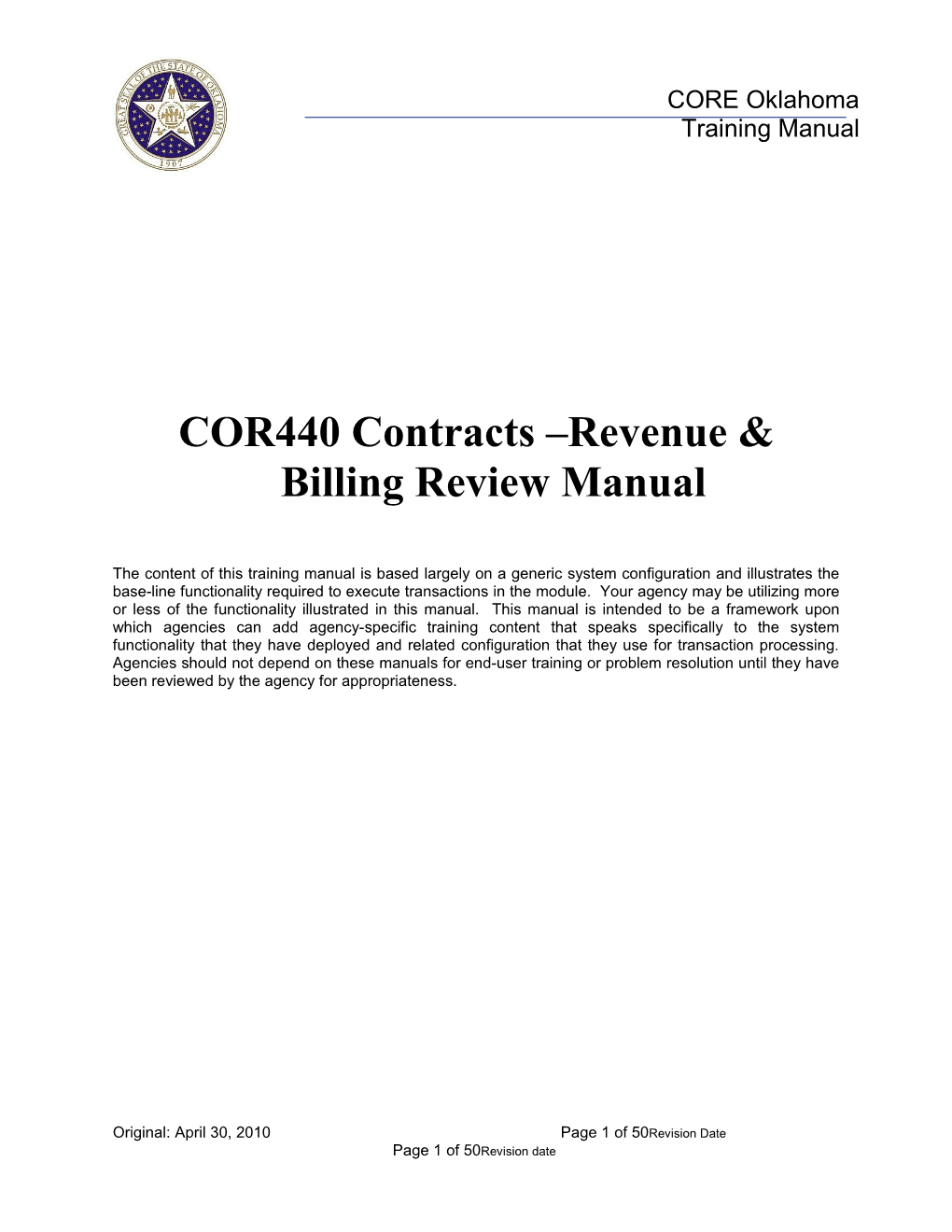 COR 440 Contracts Revenue and Billing Review Manual