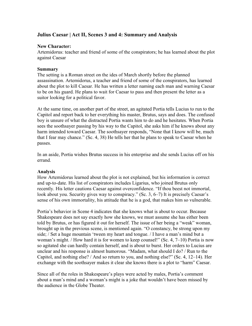 Julius Caesar Act II, Scenes 3 and 4: Summary and Analysis
