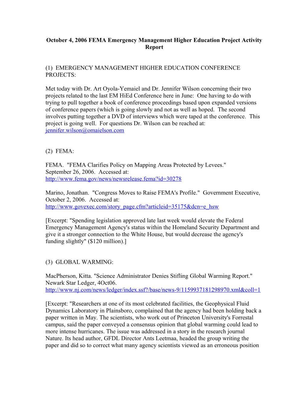 October 4, 2006 FEMA Emergency Management Higher Education Project Activity Report