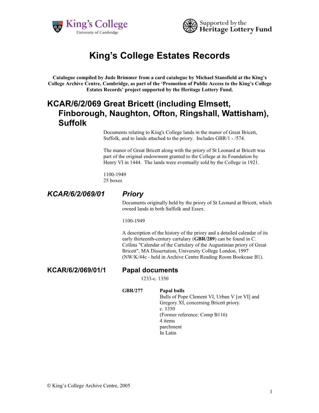 King S College Estates Records