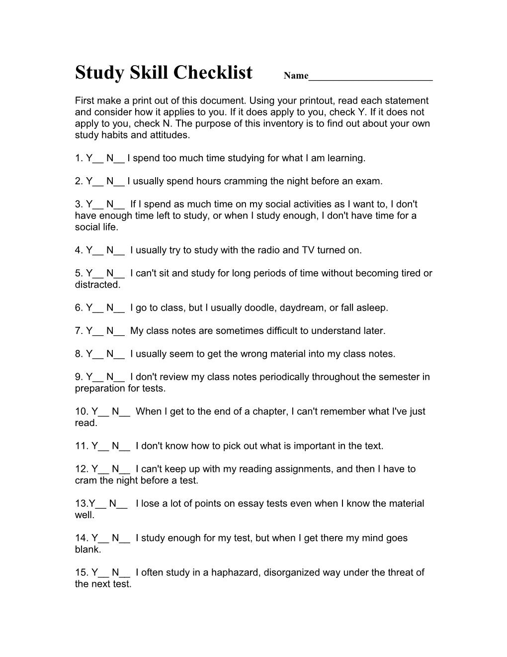 Study Skill Checklist