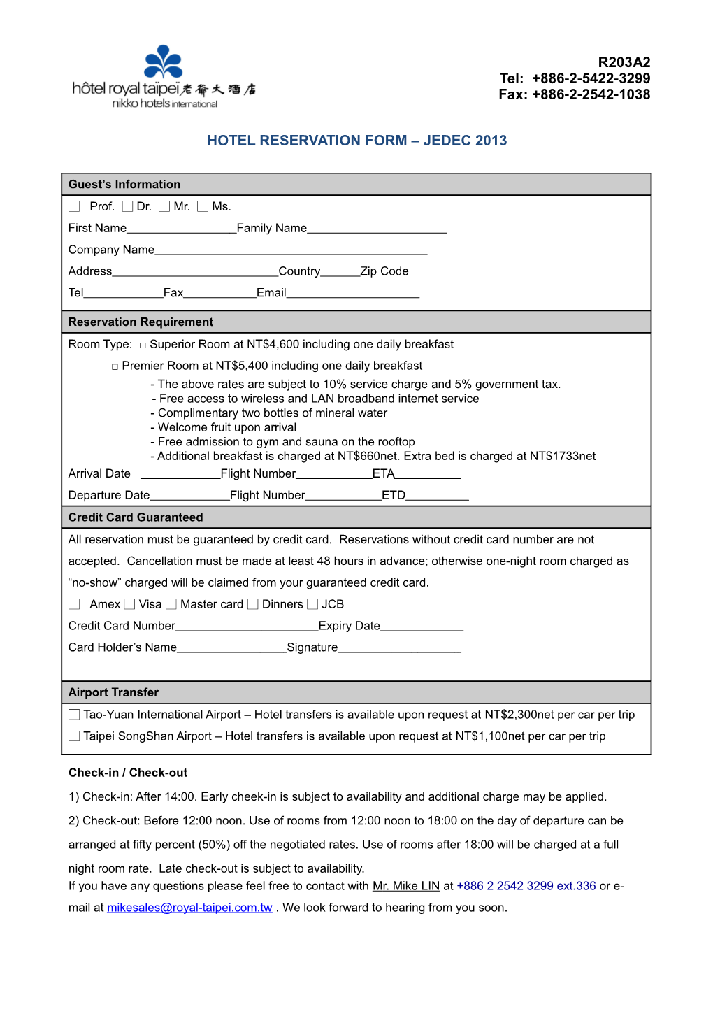 Hotel Reservation Form Jedec 2013