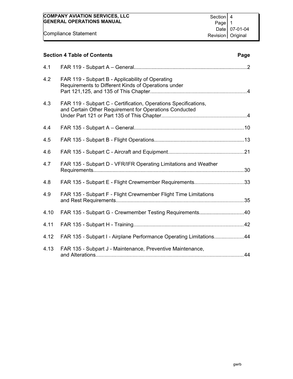 Section 4 Table of Contents Page