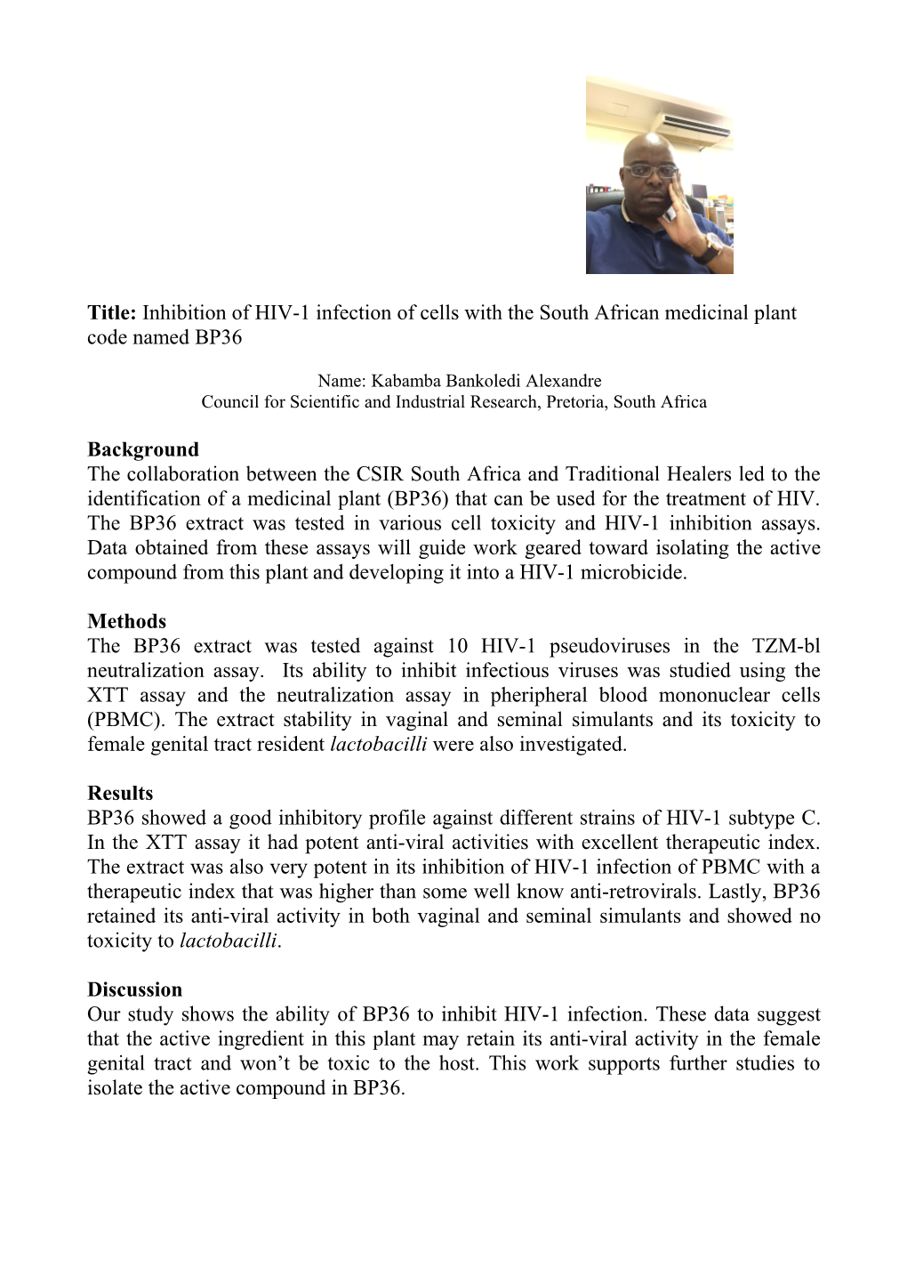 Title: Inhibition of HIV-1 Infection of Cells with the South African Medicinal Plant Code