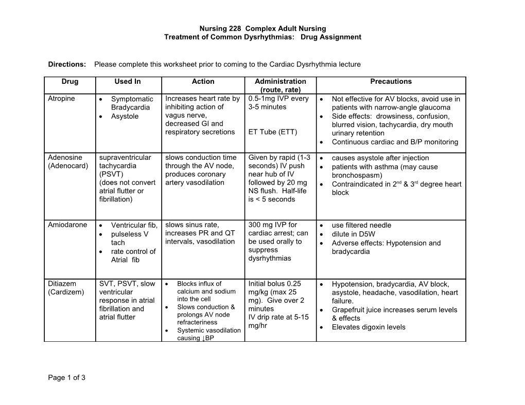 Directions: Please Complete This Worksheet Prior to Coming to the Dysrhythmia Lecture