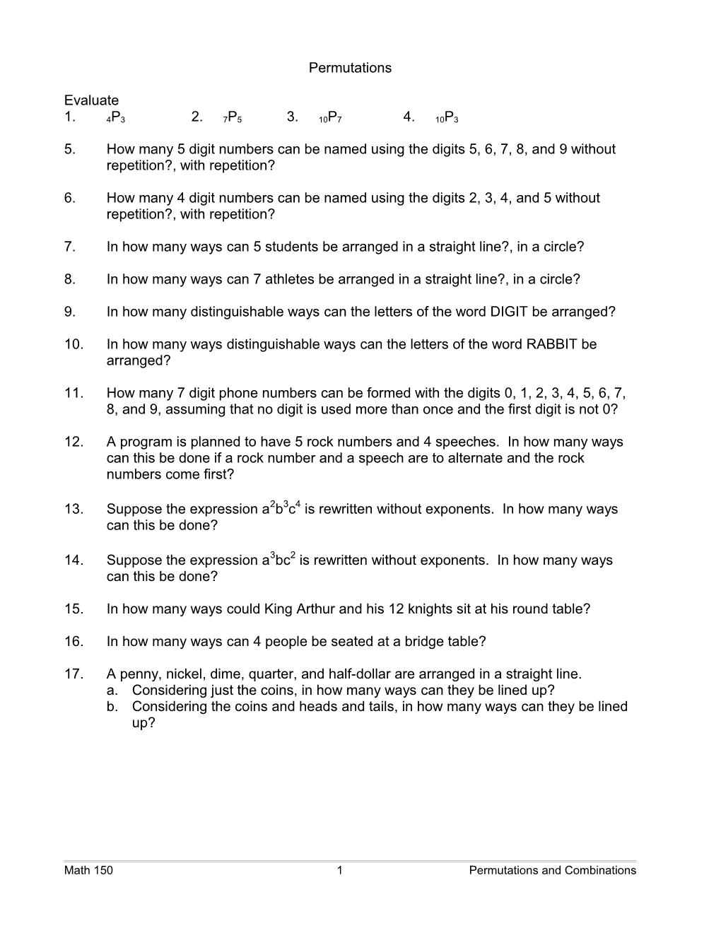 Permutations, Combinations and Probability