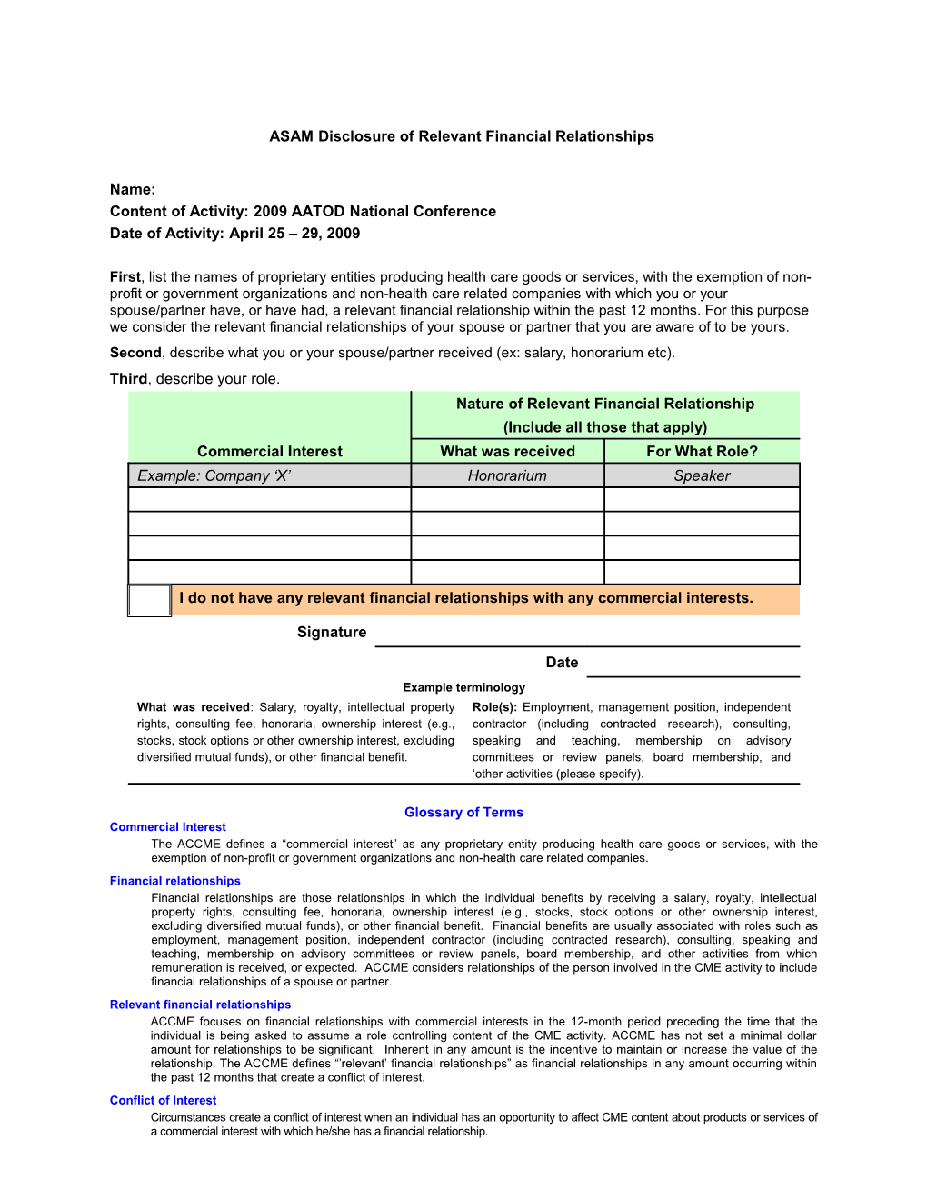 ASAM Disclosure Ofrelevant Financial Relationships