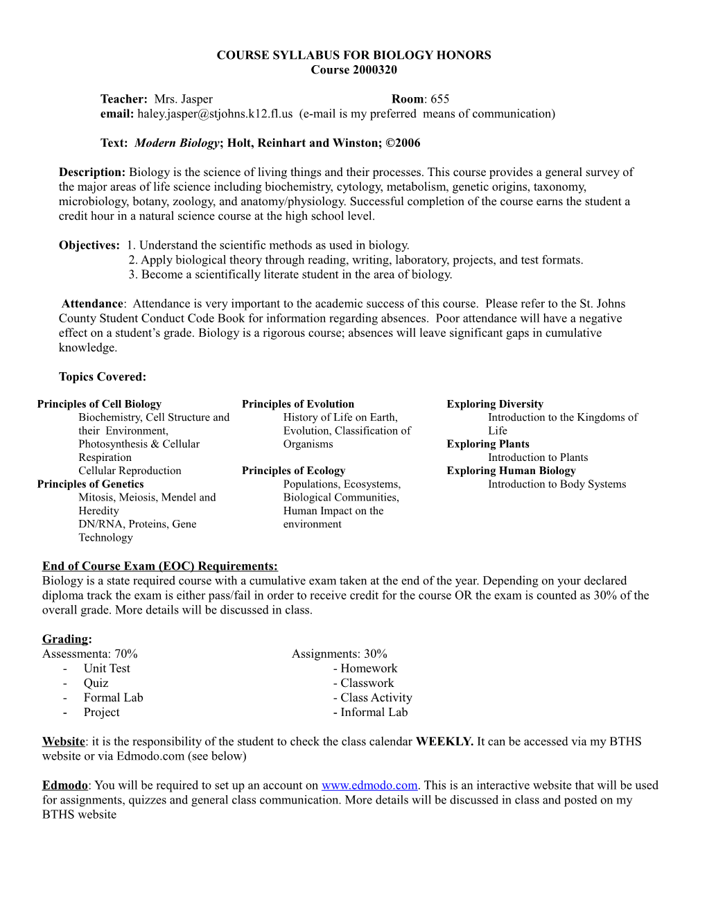 Course Syllabus for Biology Honors