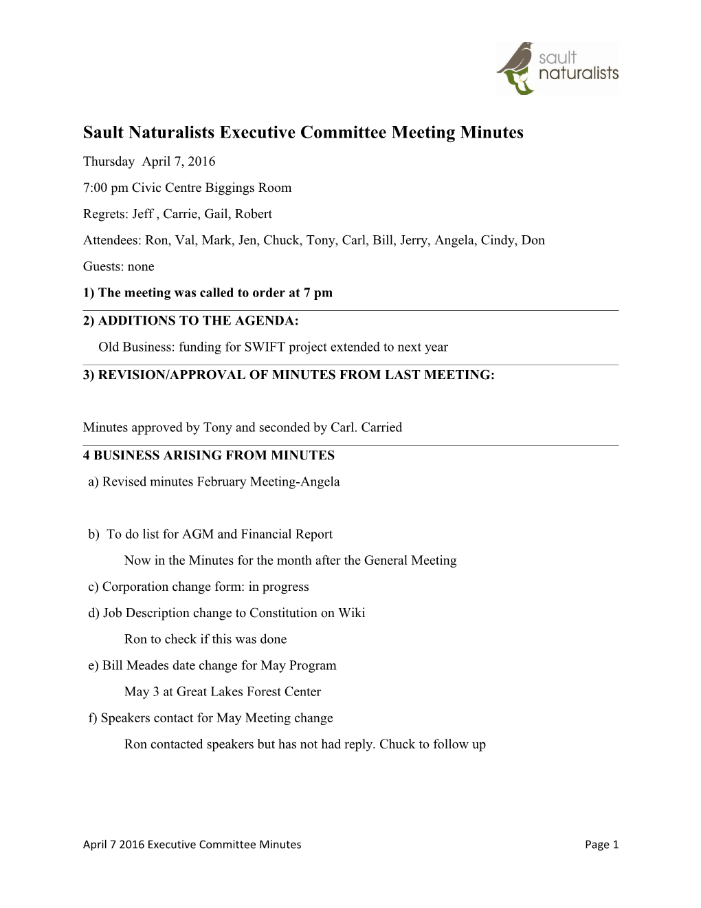 Sault Naturalists Executive Committee Meeting Minutes