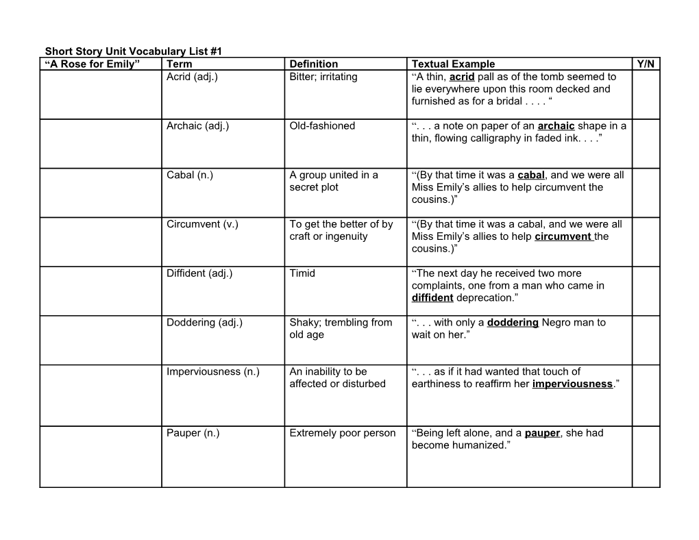 Short Story Unit Vocabulary List #1