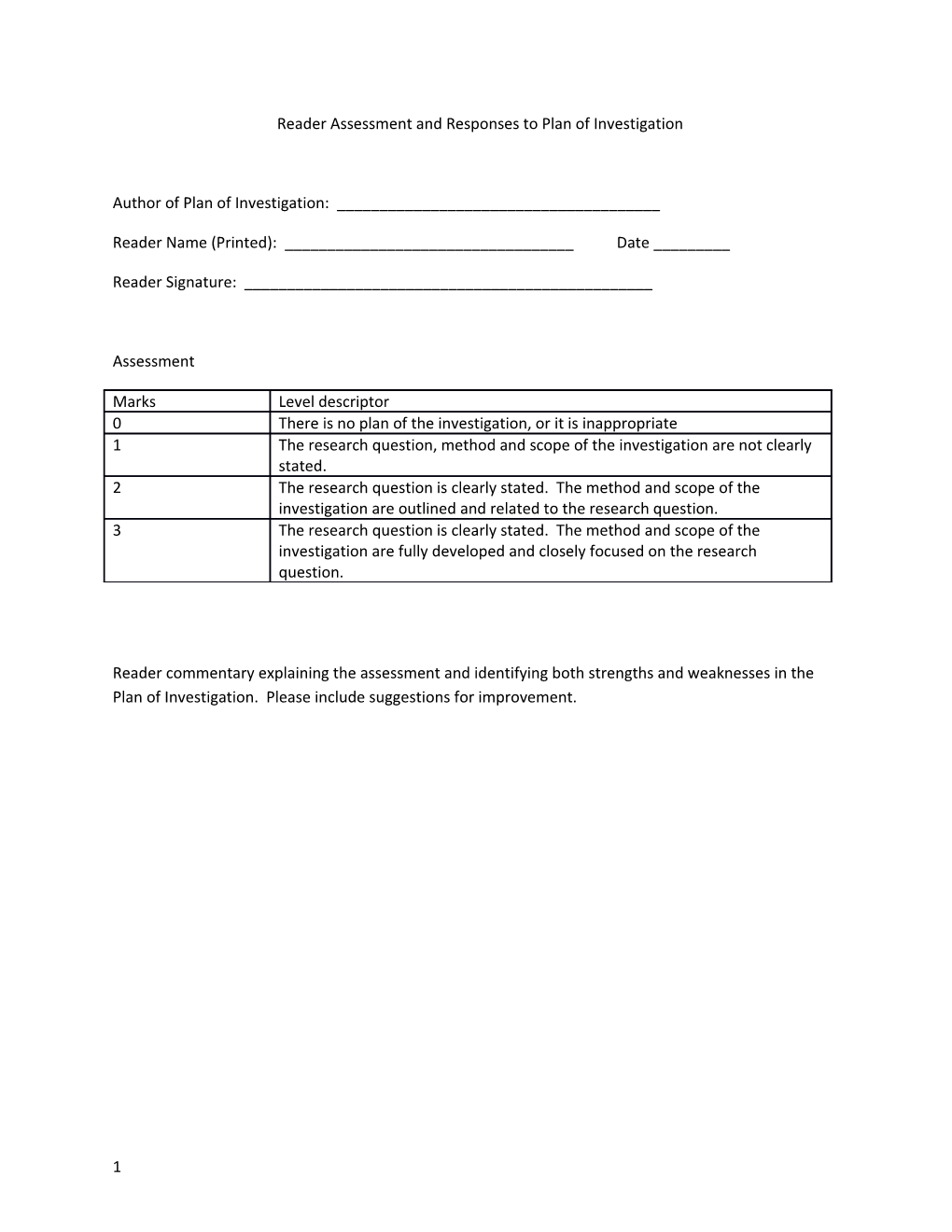 Reader Assessment and Responses to Plan of Investigation