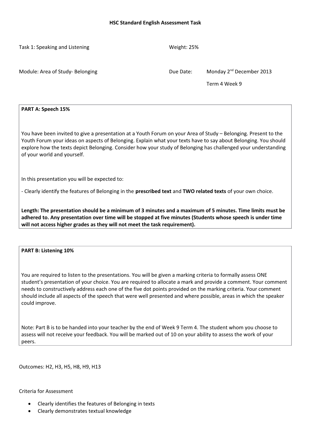 HSC Standard English Assessment Task