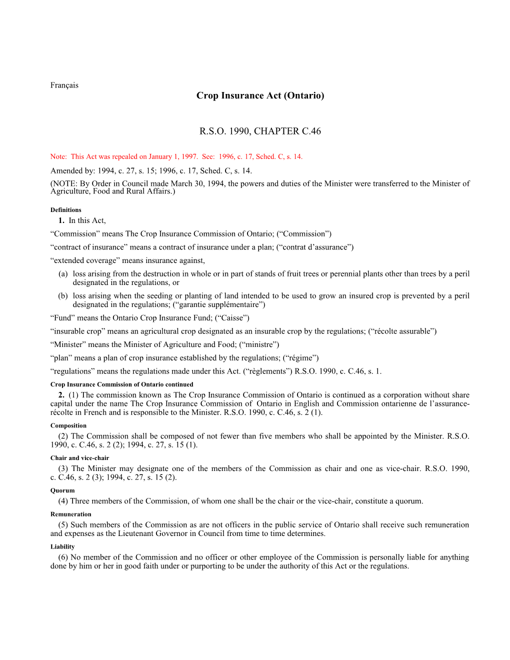 Crop Insurance Act (Ontario), R.S.O. 1990, C. C.46
