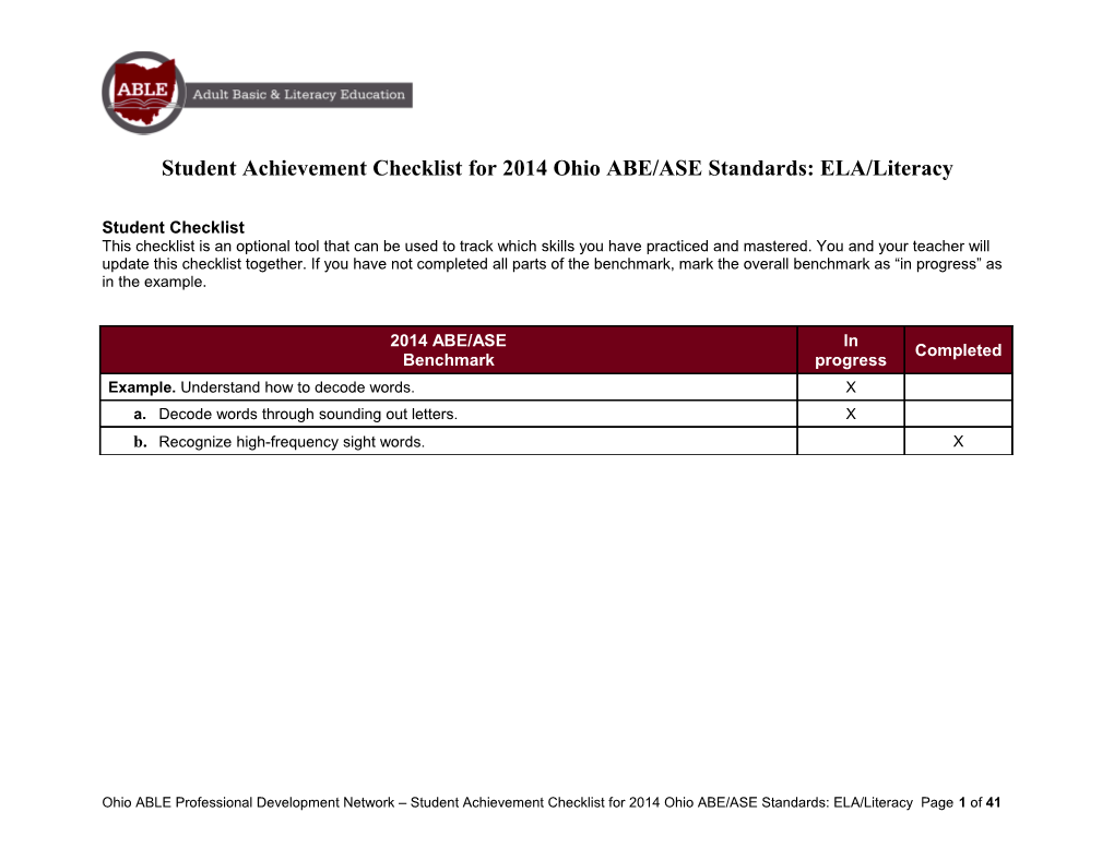 Student Achievement Checklist for 2014 Ohio ABE/ASE Standards: ELA/Literacy