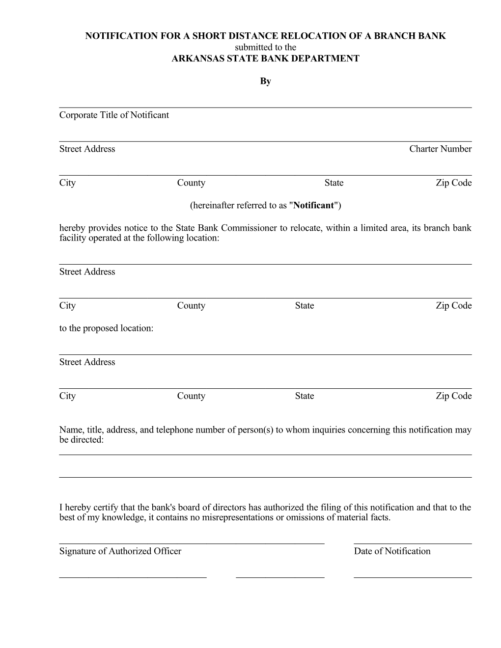 Application for Relocation of a Branch Bank