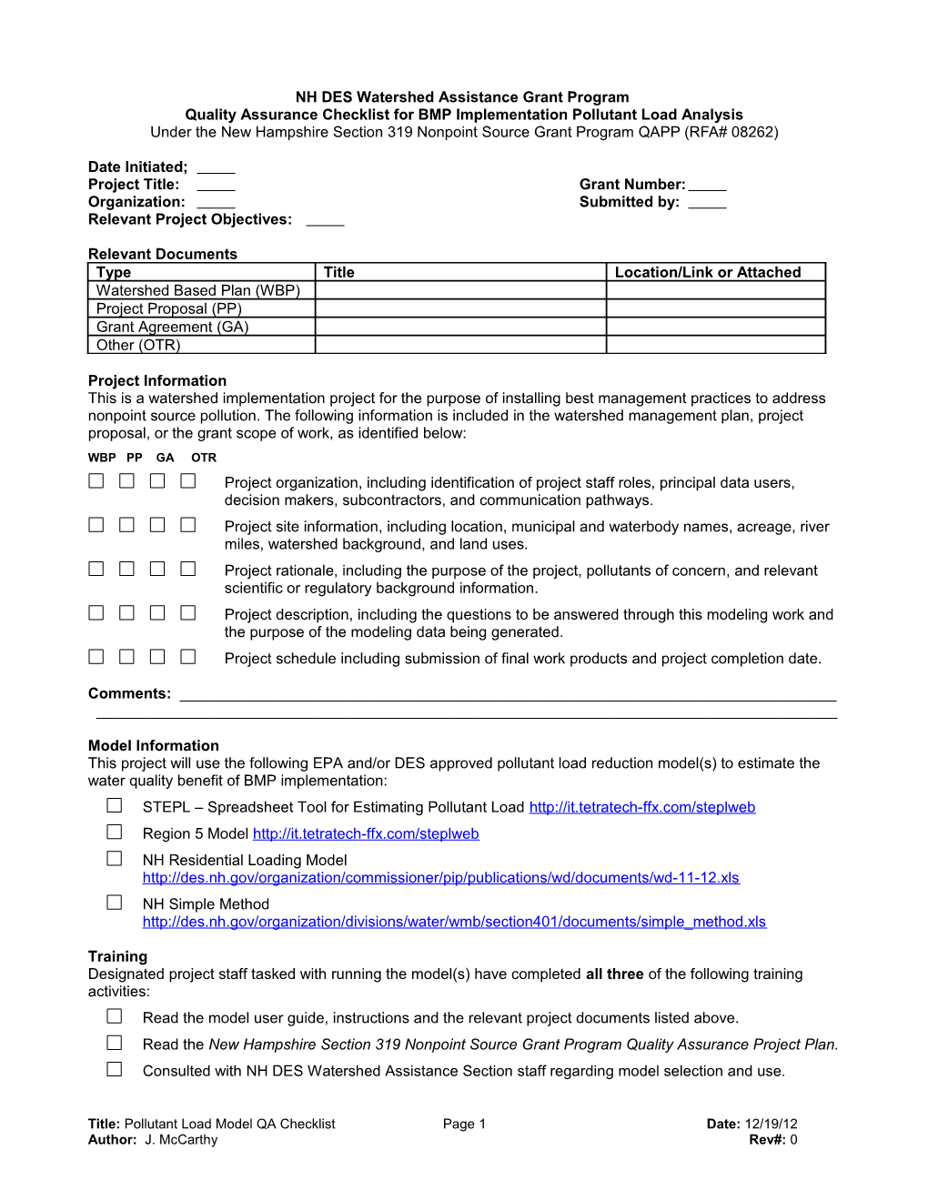 NH DES Watershed Assistance Grant Program Pollutant Load Model Quality Assurance Checklist