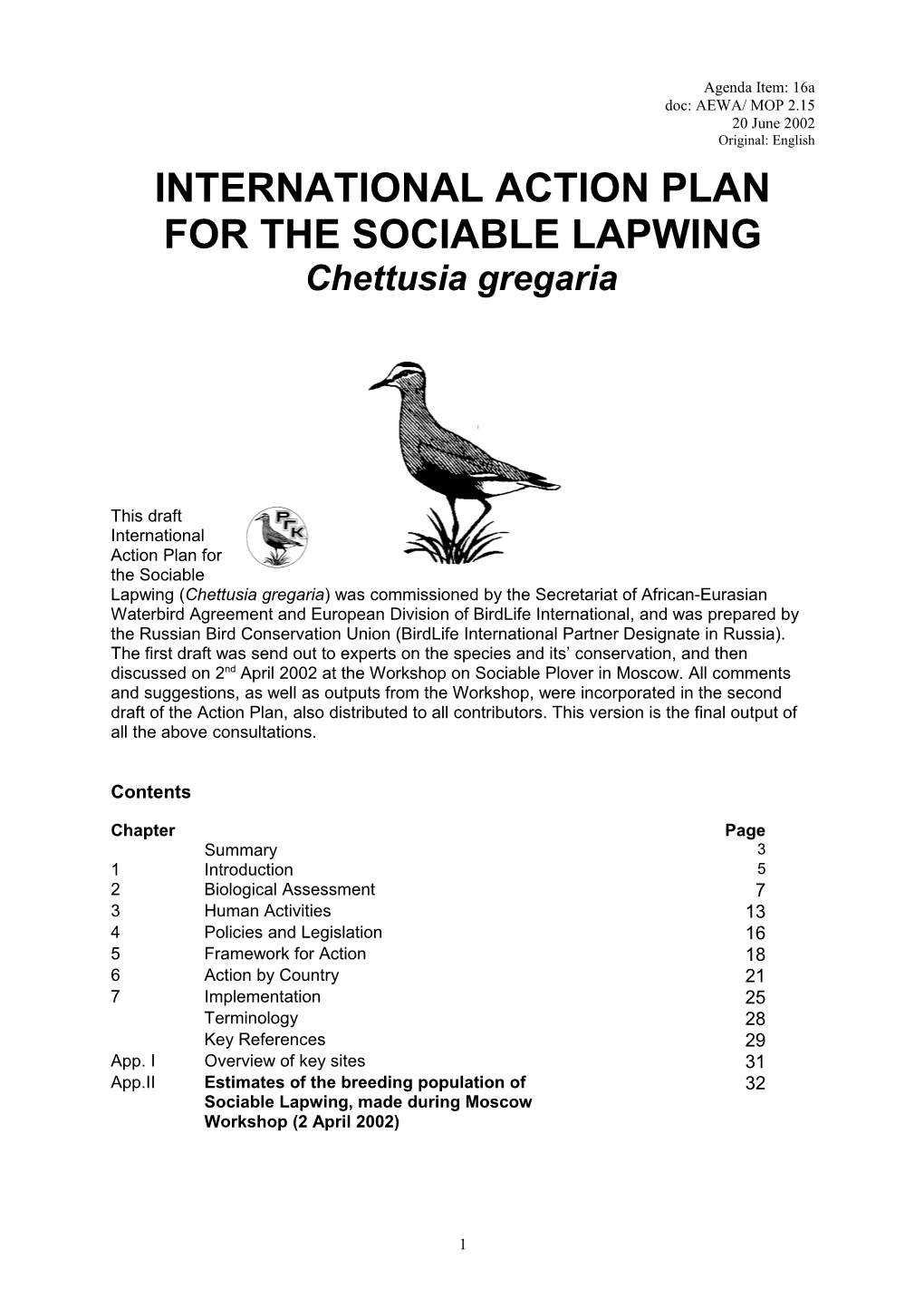 Action Plan for Sociable Lapwing
