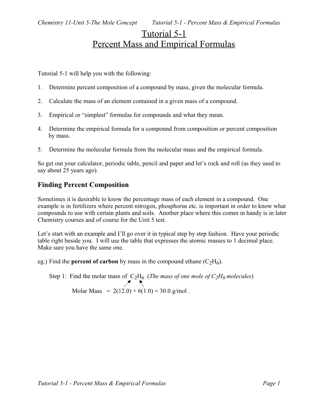 Chemistry 11-Unit 5-The Mole Concepttutorial 5-1 - Percent Mass & Empirical Formulas