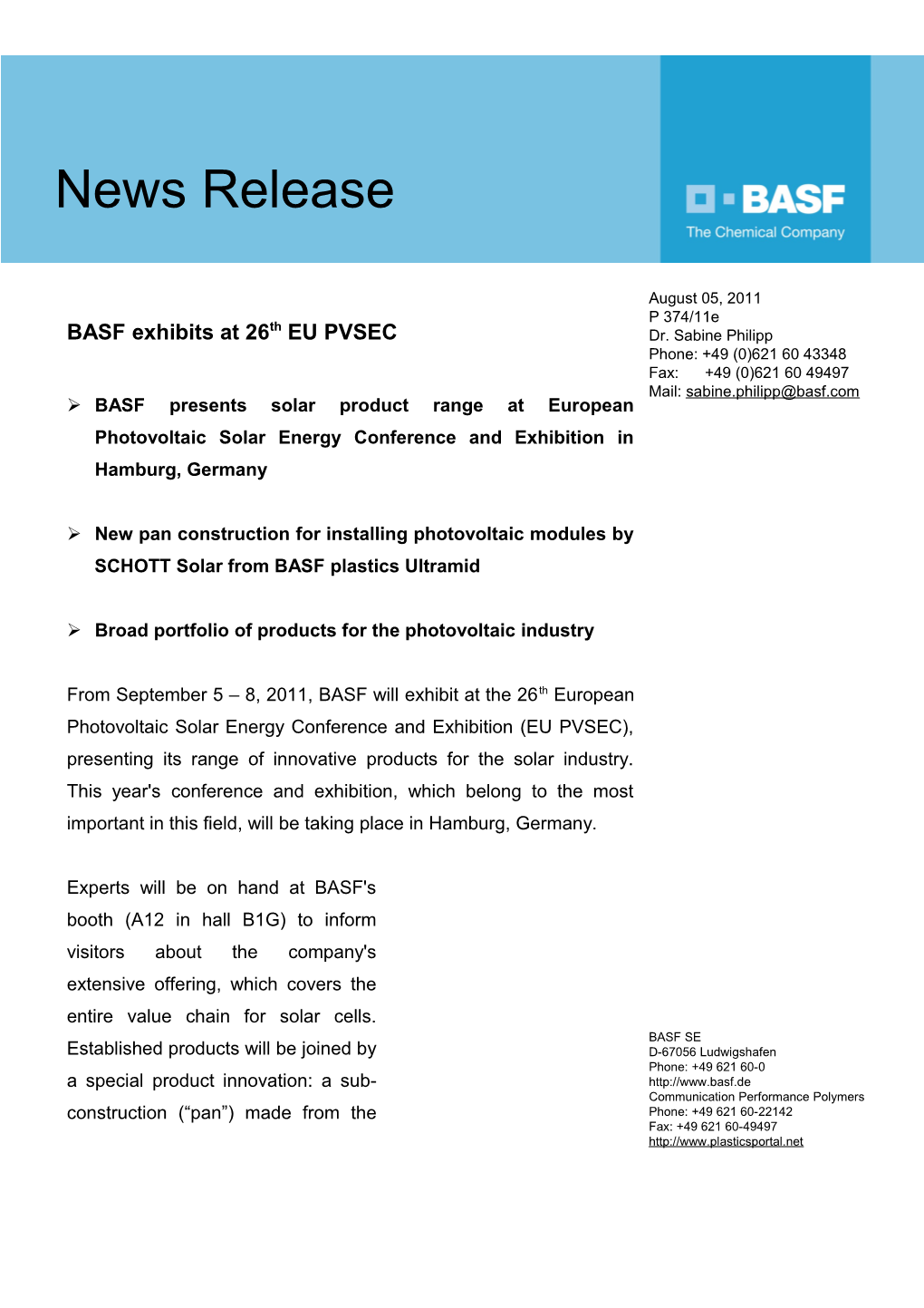 BASF Exhibits at 26Th EU PVSEC