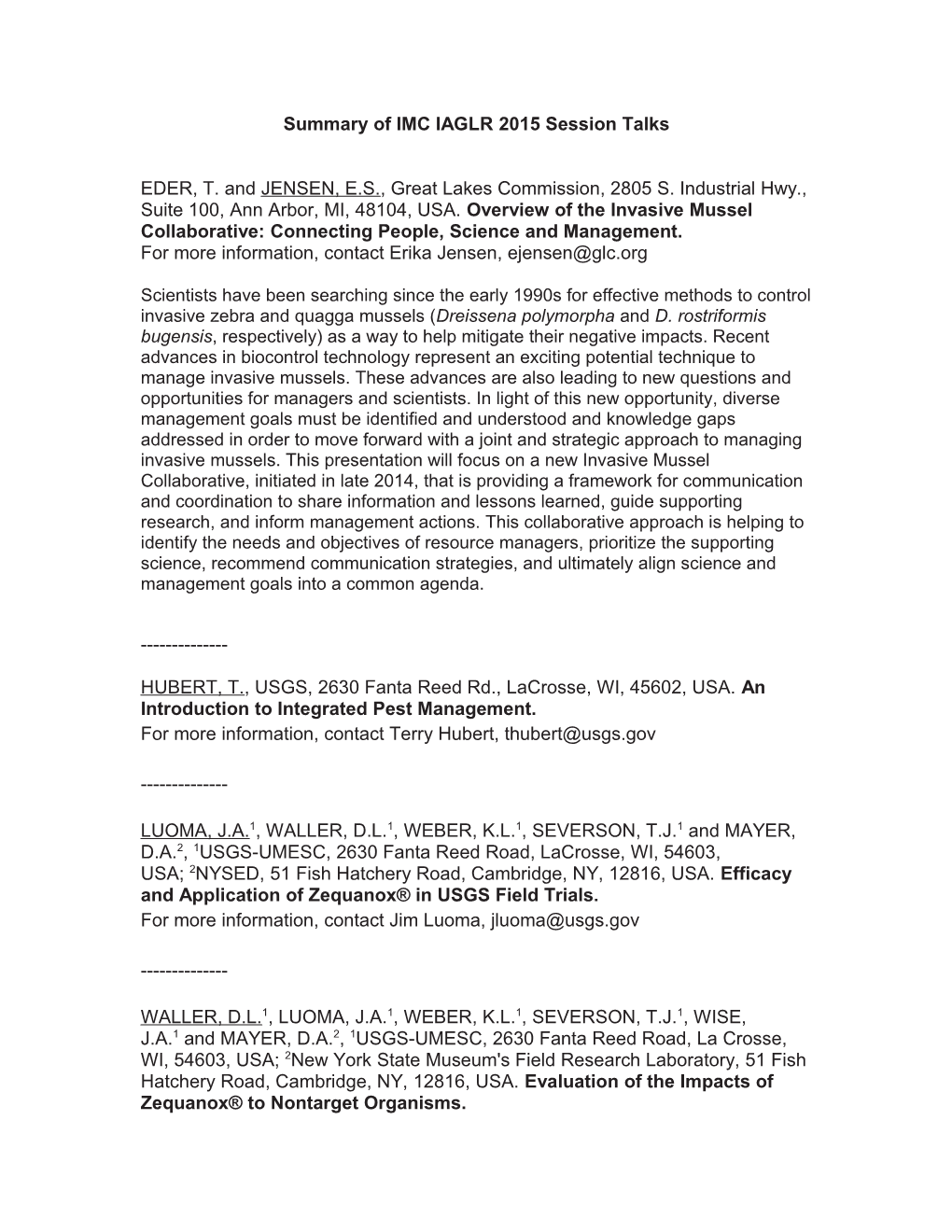 Summary of IMC IAGLR 2015 Session Talks