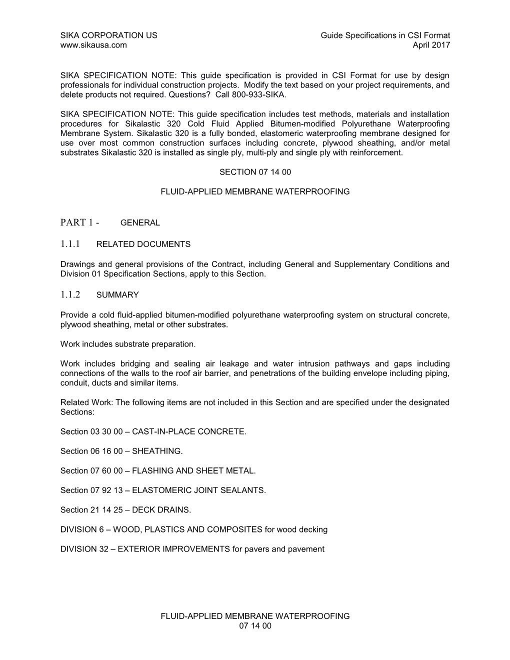 SIKA CORPORATION US Guide Specifications in CSI Format