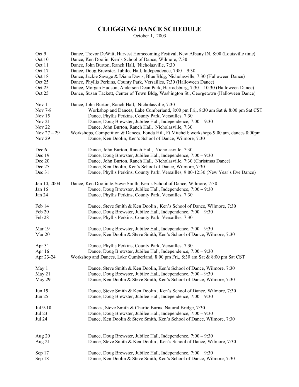 Clogging Dance Schedule