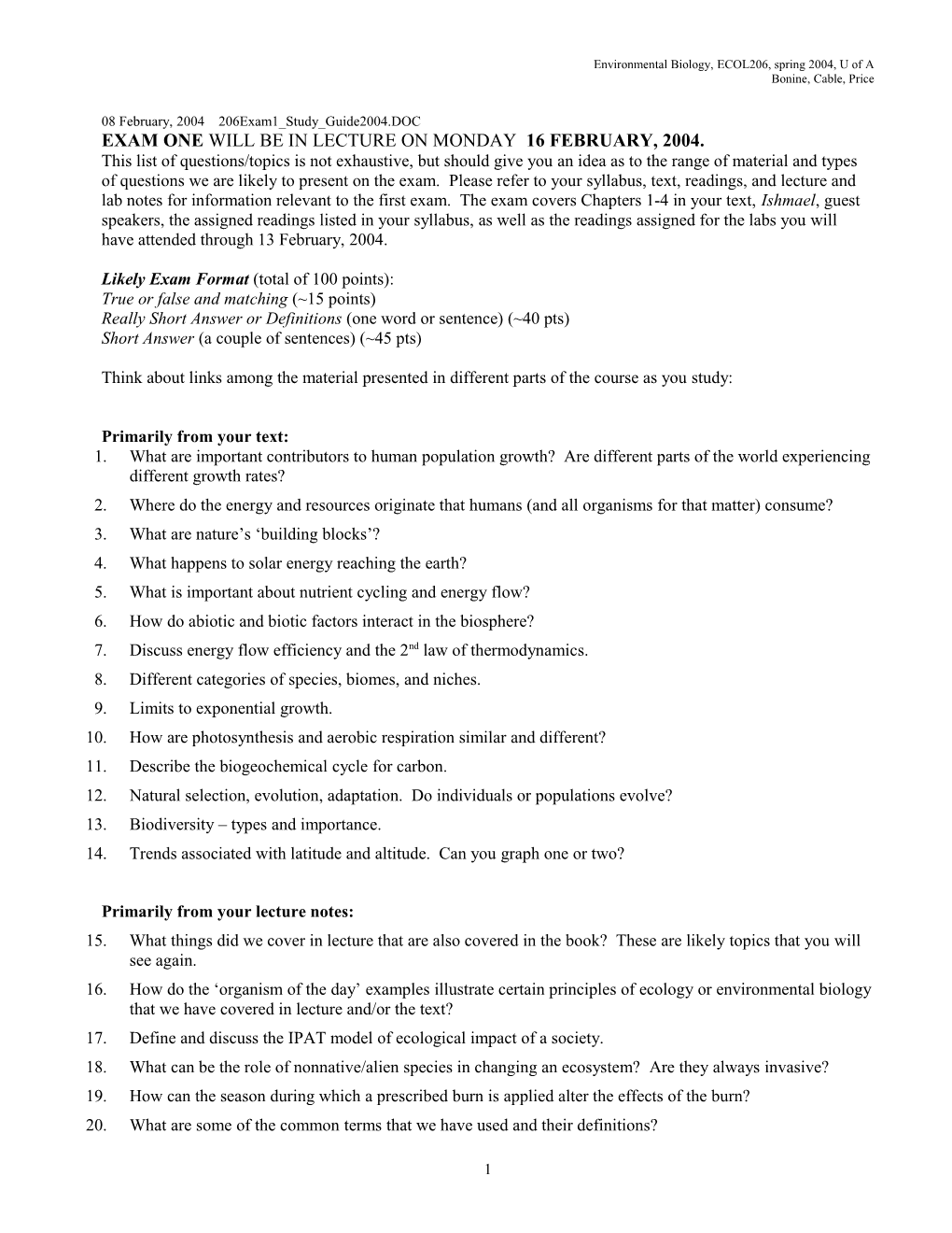 Environmental Biology, ECOL206, Spring 2004, U of A