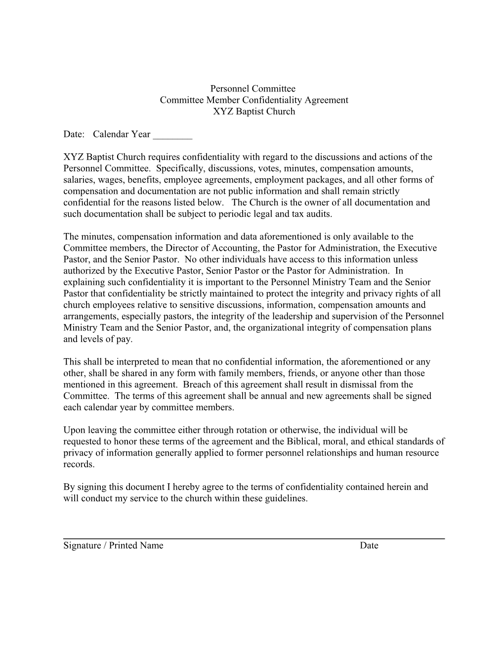 Personnel Committee Committee Member Confidentiality Agreement XYZ Baptist Church