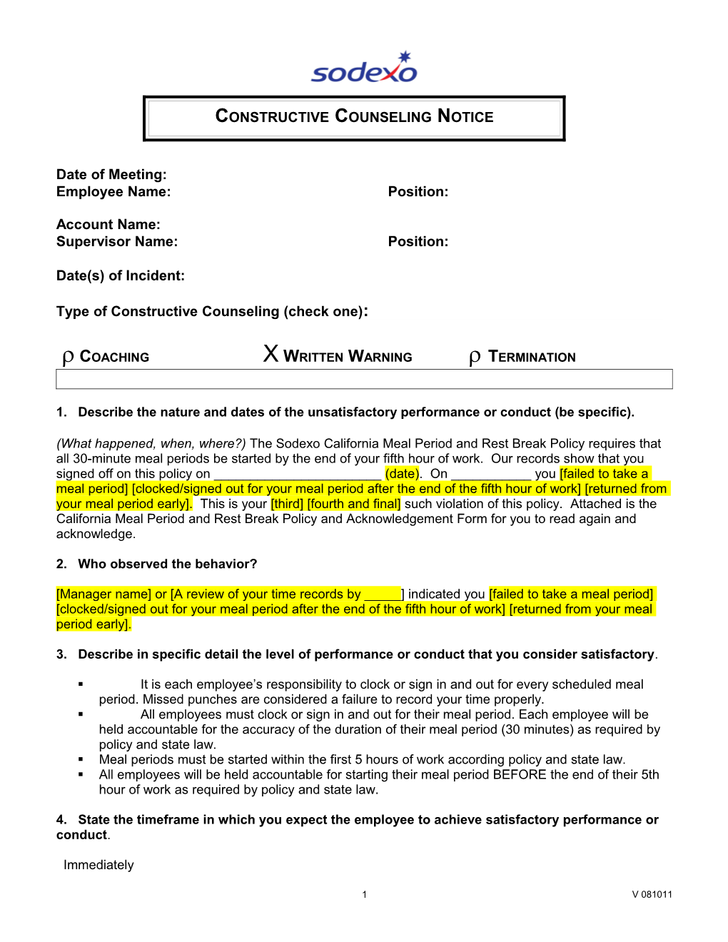 1. Describe the Nature and Dates of the Unsatisfactory Performance Or Conduct (Be Specific)