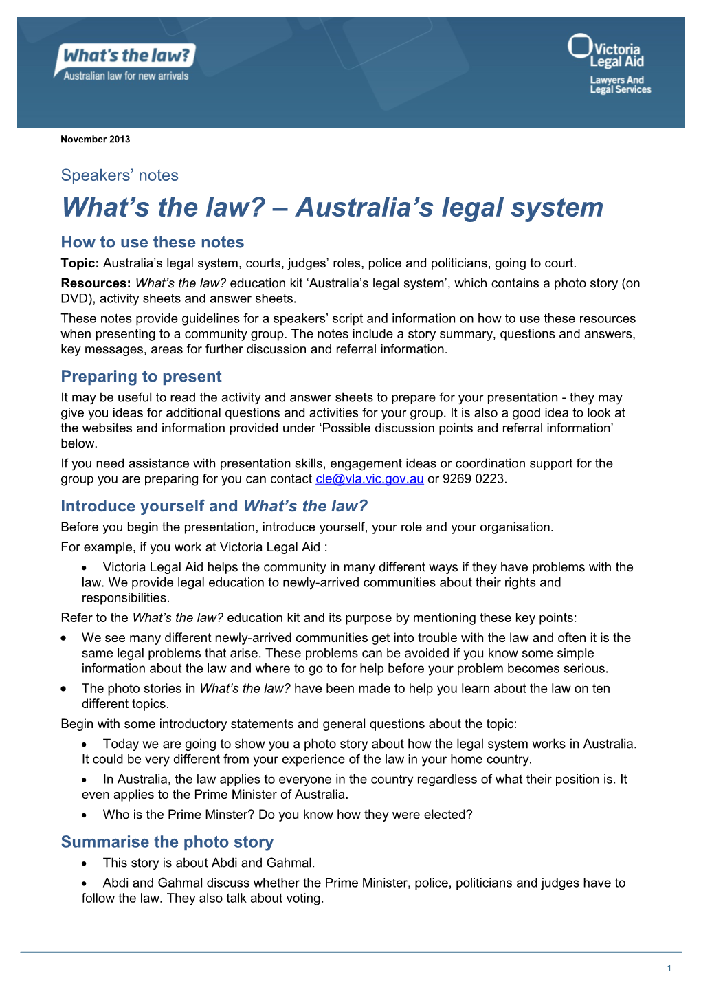 Speakers' Notes What's the Law Australia's Legal System