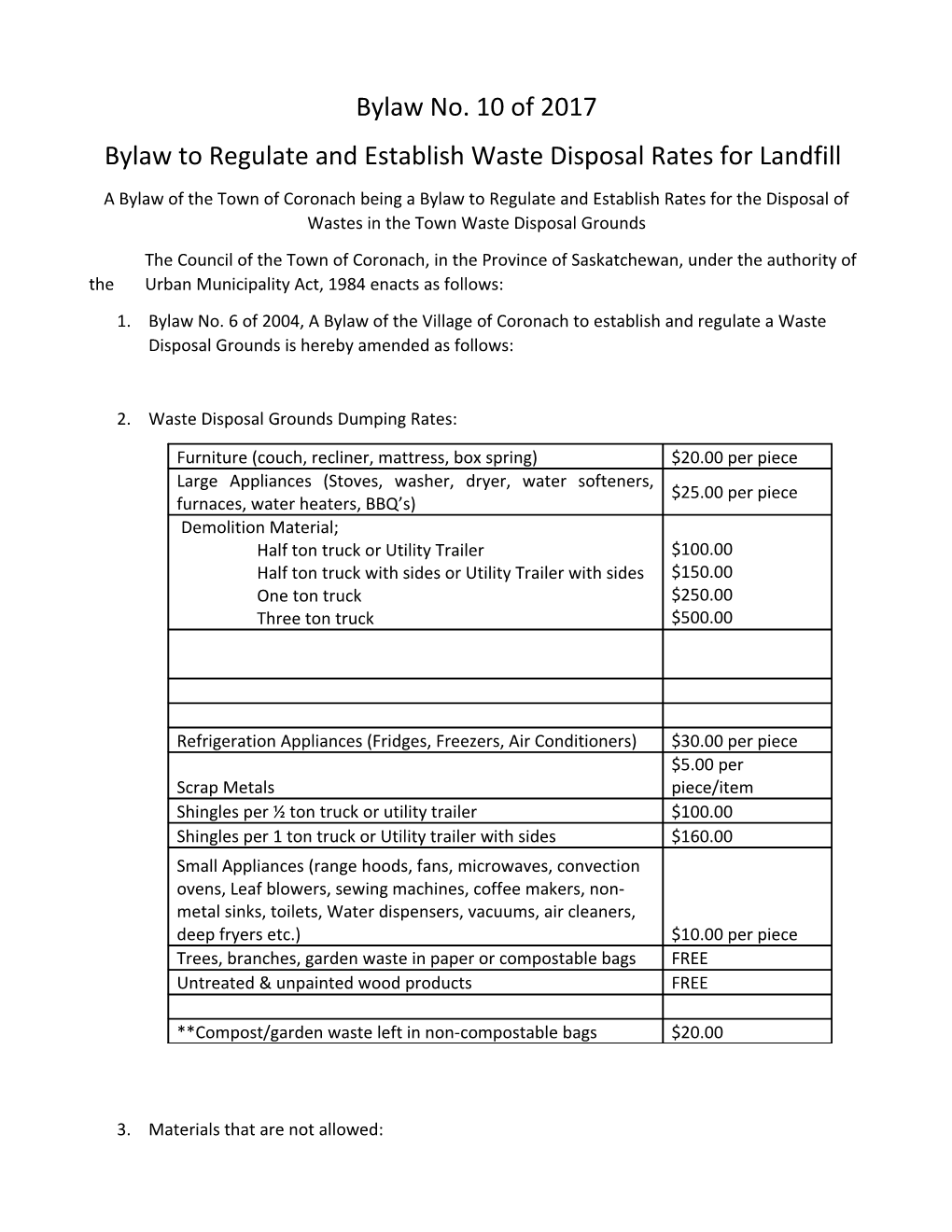 Bylaw to Regulate and Establish Waste Disposal Rates for Landfill