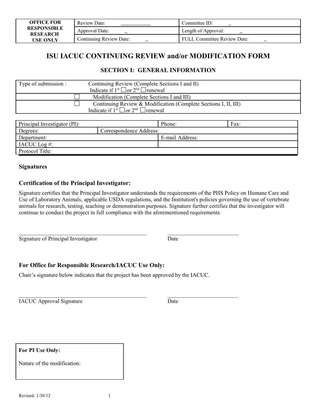 ISU IACUC CONTINUING REVIEW And/Or MODIFICATION FORM