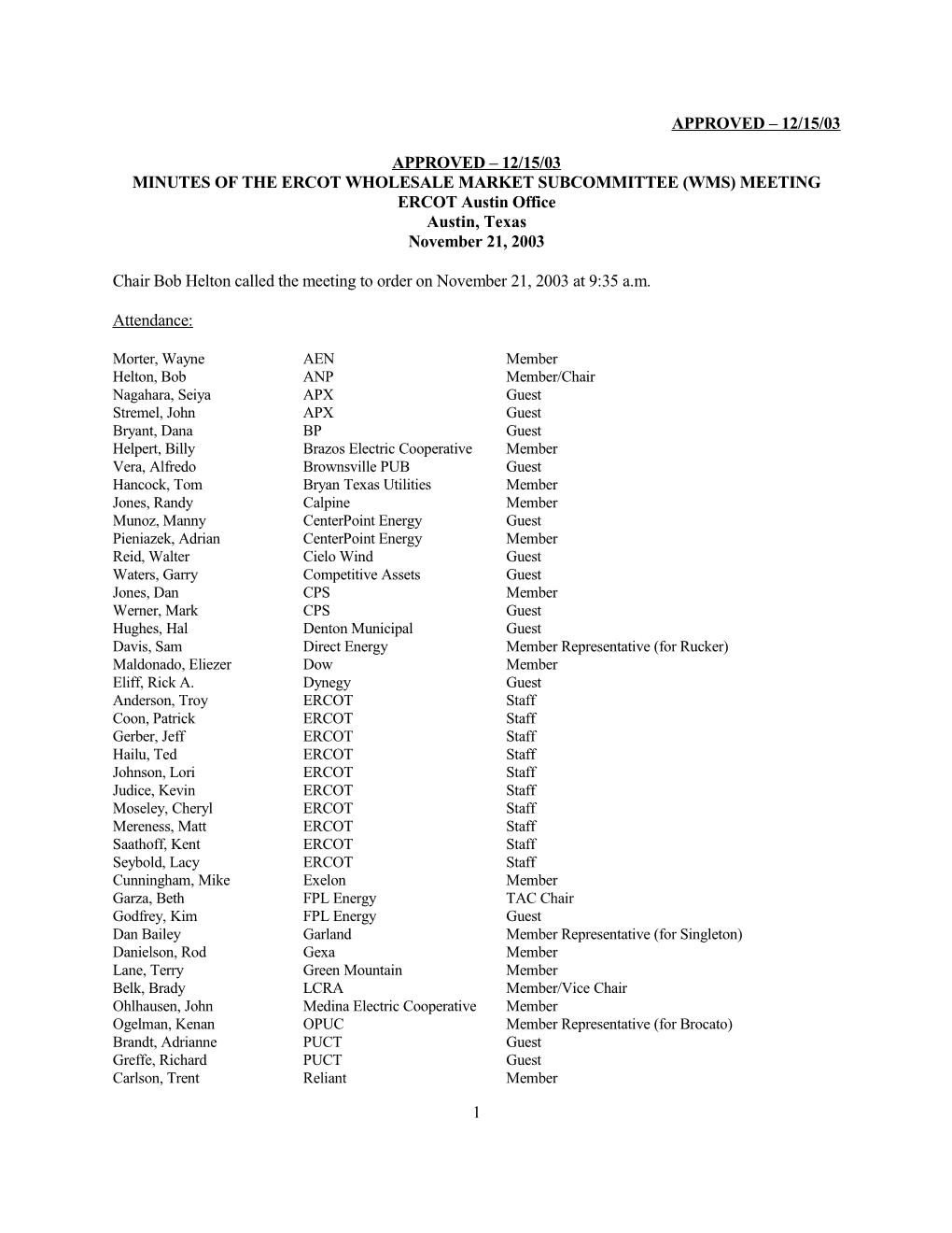 Minutes of the Ercot Wholesale Market Subcommittee (Wms) Meeting