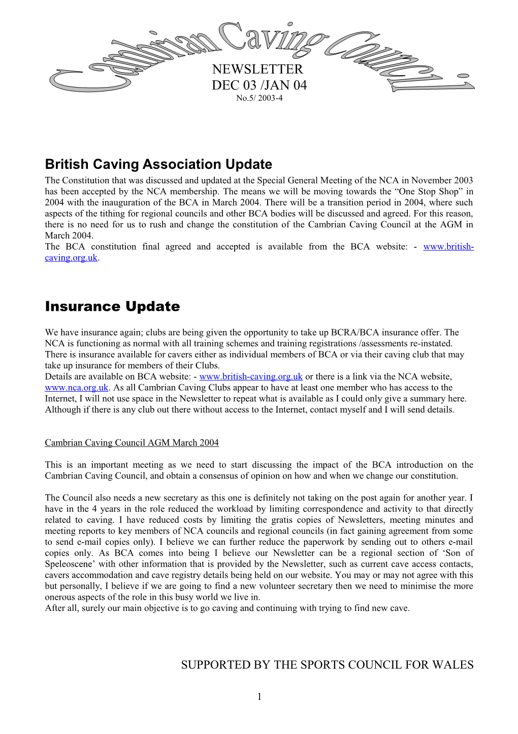 British Caving Association Update