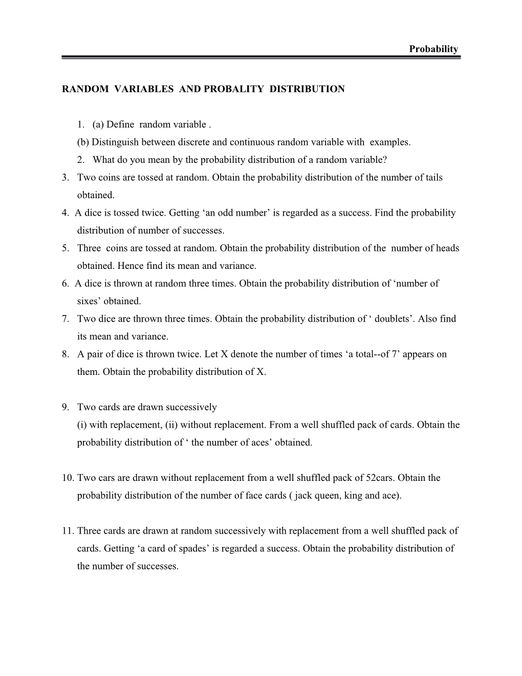 Random Variables and Probality Distribution