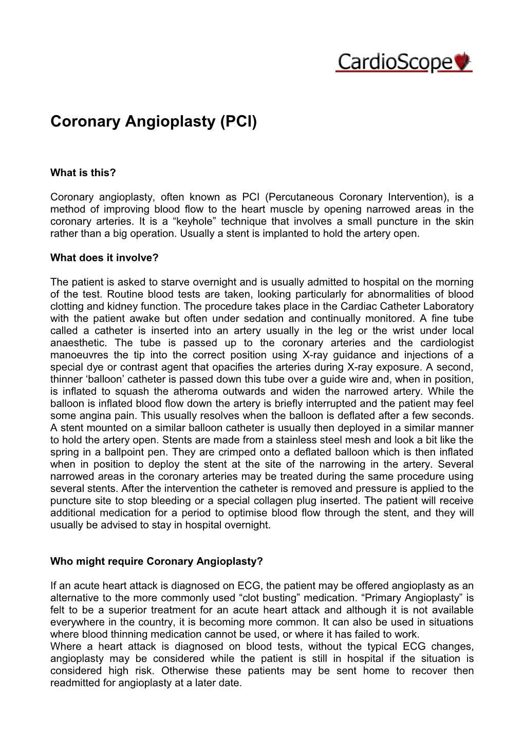 Coronary Angioplasty (PCI)
