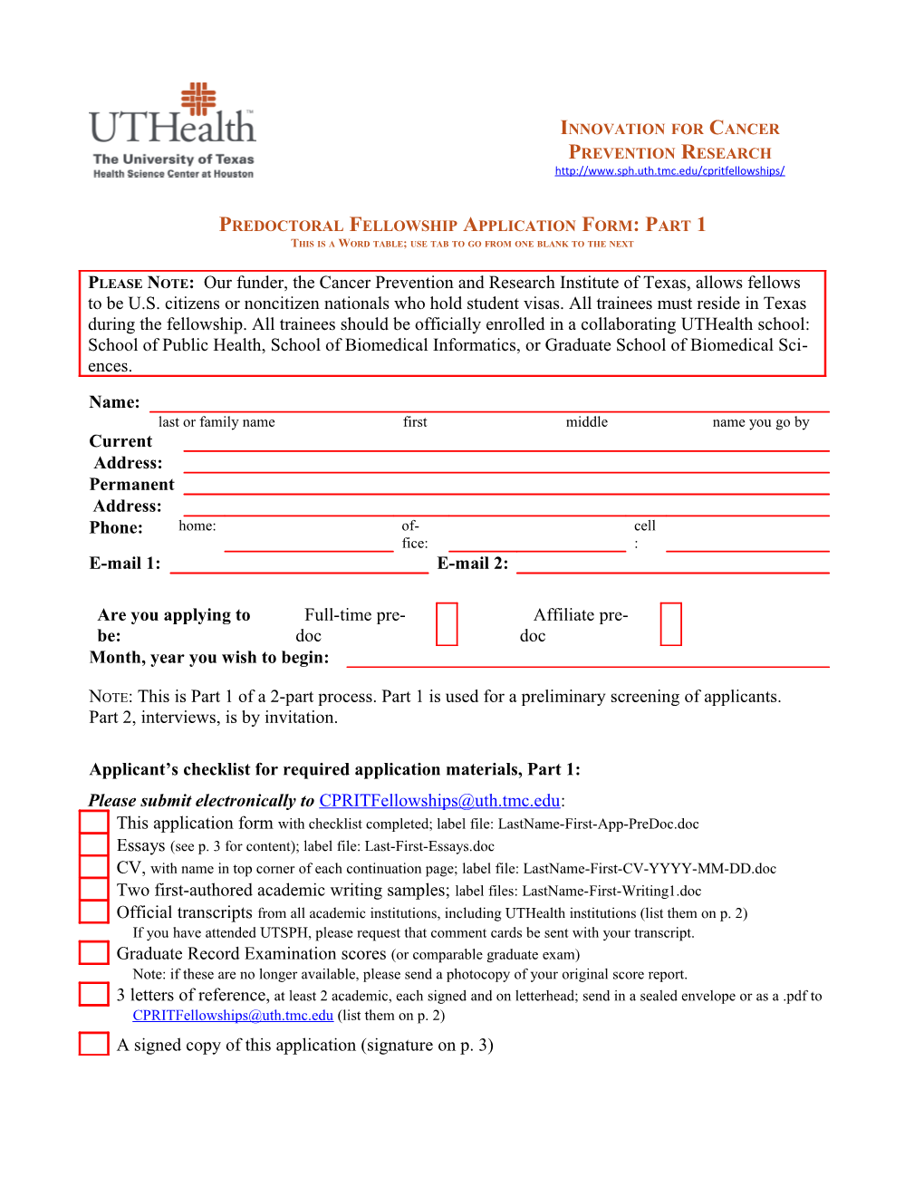 Predoctoral Fellowship Application Form:Part 1