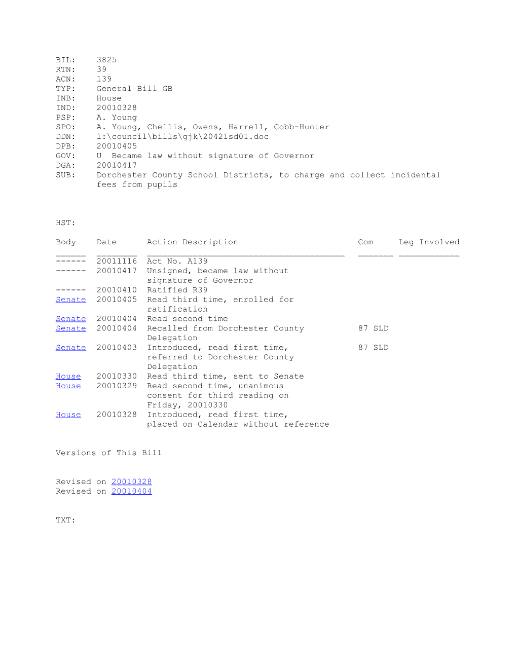 2001-2002 Bill 3825: Dorchester County School Districts, to Charge and Collect Incidental