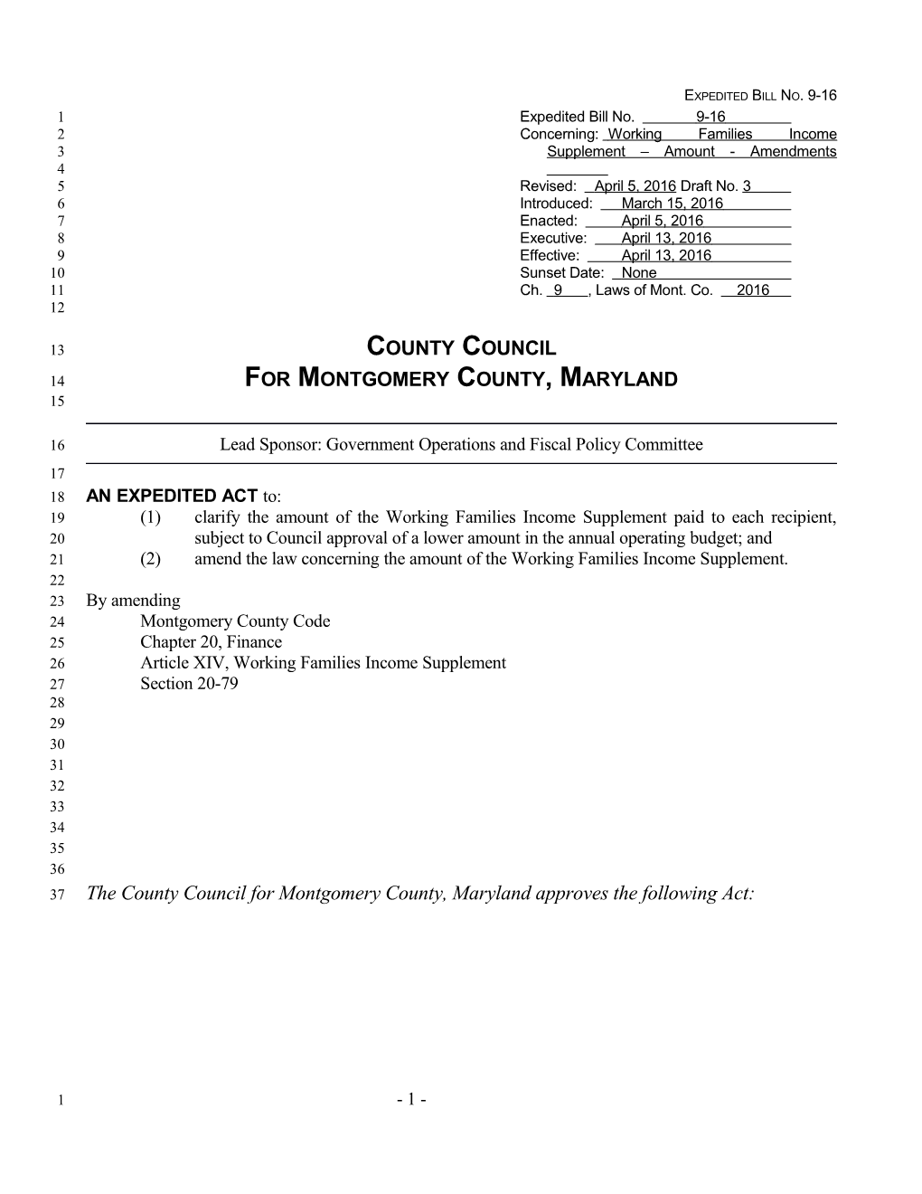 Concerning: Working Families Income Supplement Amount - Amendments