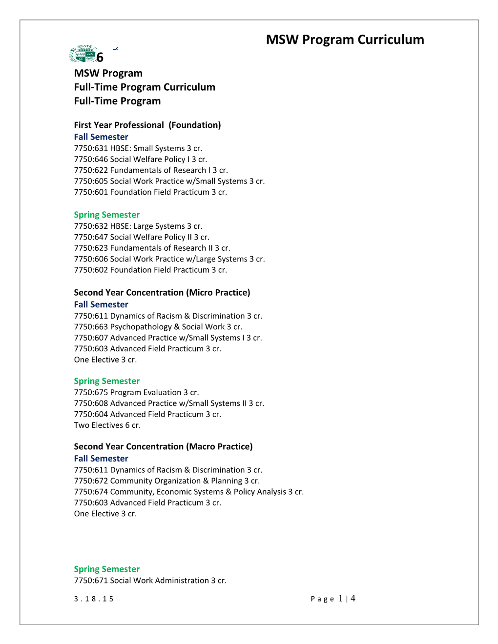 MSW Program Full-Time Program Curriculum