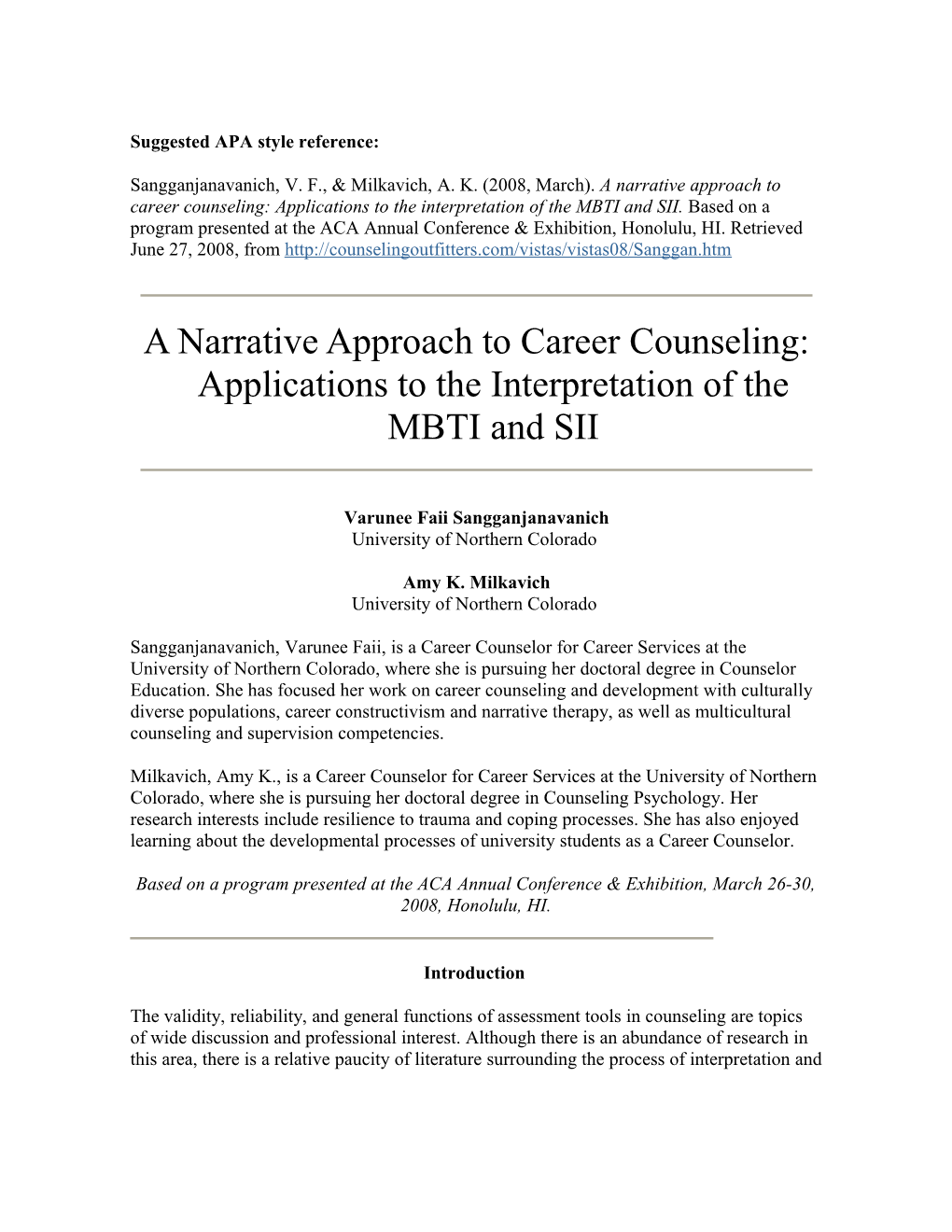 A Narrative Approach to Career Counseling: Applications to the Interpretation of the MBTI